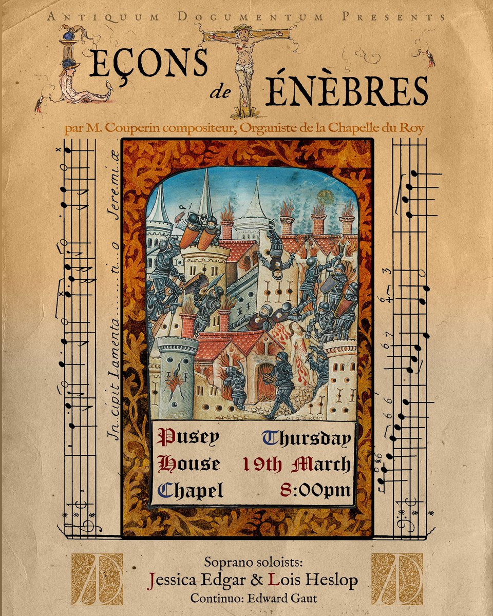 AntiquumD's tweet photo. We are delighted to launch our next concert Leçons de Ténèbres, a performance of Couperin’s setting of the words of Jeremiah, with sopranos Jesse Edgar and Lois Heslop, accompanied by Ed Gaut, at 8pm on the 19/03 @PuseyHouse .  Tickets are available from Fixr or on the door. https://t.co/OlQ7FA2fY0
