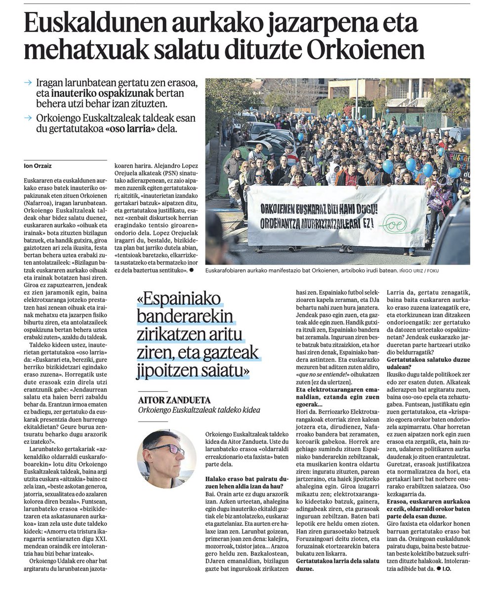 Hau onartezina da.

PSOEri dena onartu behar zaio?
<a href="/geroabai/">Geroa Bai</a> <a href="/ContigoZurekin/">Contigo Navarra | Zurekin Nafarroa</a> <a href="/EHBilduNafarroa/">EH Bildu Nafarroa</a> 

Euskaldunen kontrako irainak, mehatxuak eta jazarpen fisikoa salatu dituzte Orkoienen
berria.eus/euskal-herria/…