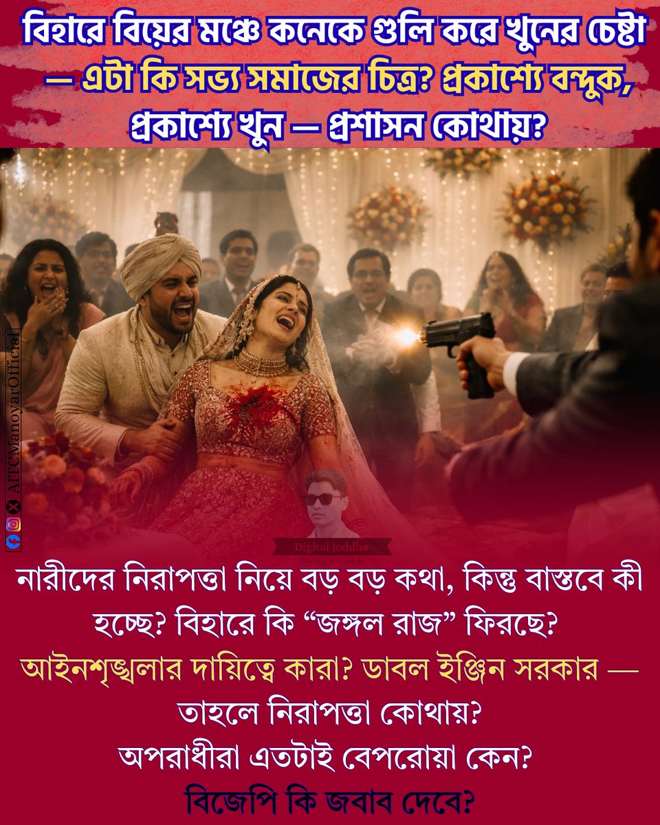 AITC_MANOYAR's tweet photo. বিহারে কি “জঙ্গল রাজ” ফিরছে?
আইনশৃঙ্খলার দায়িত্বে কারা?
ডাবল ইঞ্জিন সরকার
 — তাহলে নিরাপত্তা কোথায়?
অপরাধীরা এতটাই বেপরোয়া কেন?
বিজেপি কি জবাব দেবে? #Bihar
#LawAndOrder
#WomenSafety
#StopCrime
#PublicAccountability
#JusticeForWomen https://t.co/xpadKHsBxz