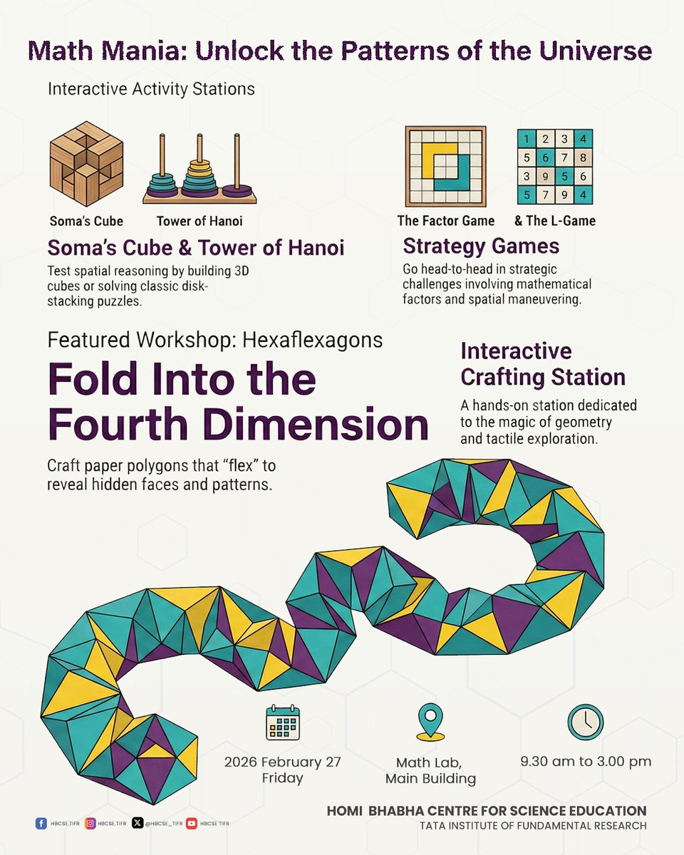 HBCSE_TIFR's tweet image. Join us @HBCSE_TIFR for Math Mania: 
Unlock the patterns of the universe, dive into interactive activities, fold into the fourth dimension and unleash your inner math wizard! 
 Celebrate #NSD2026 on 27 Feb 2026, 9.30-15.00
 Last day to register: tinyurl.com/NSD-2026