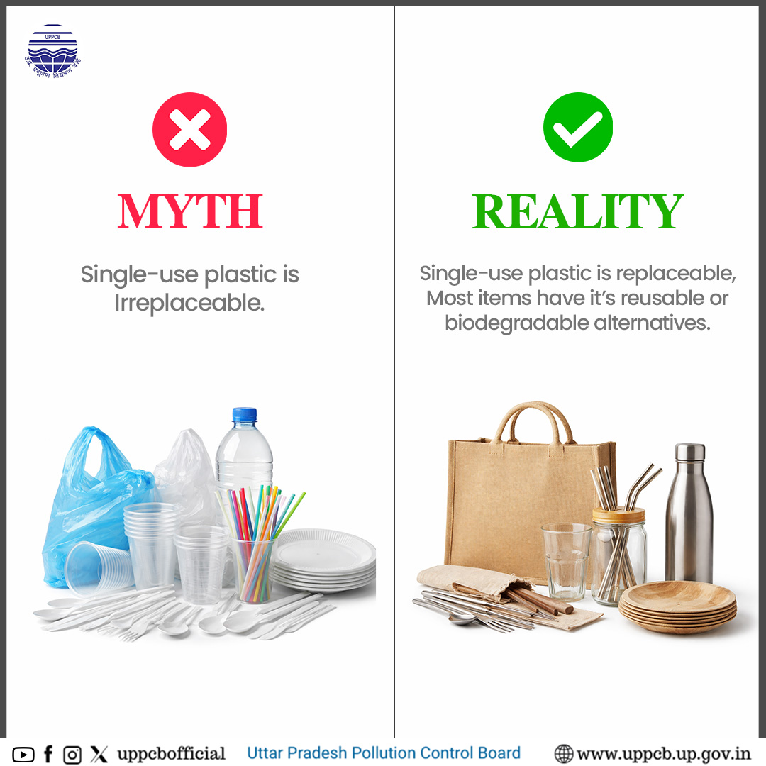 uppcbofficial's tweet photo. Let us commit to reducing single-use plastic by choosing reusable and biodegradable alternatives in our daily lives
@CPCB_OFFICIAL @moefcc @UpforestUp
#environment #reducepollution #change #sustainableliving #UPPCB #nopollution #cleanUPgreenUP #MythVsReality https://t.co/Gcw4xUtrev