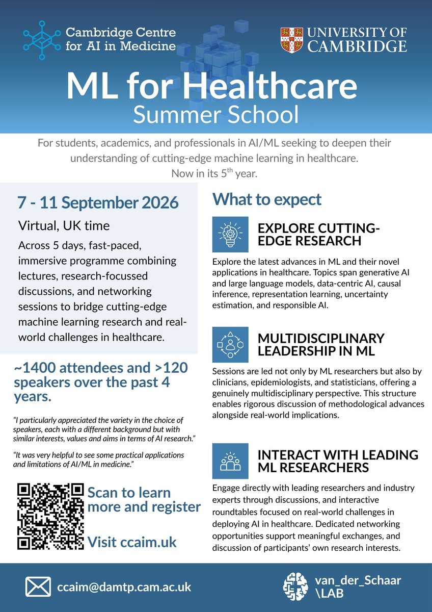 CC4AIM's tweet photo. This September we’re continuing our ML for Healthcare (7–11 Sept) &amp; Clinical AI (18–20 Sept) Summer Schools.

Two programmes bridging frontier ML &amp; real-world medicine.
See the flyer below &amp; website for details https://t.co/iIXyvKrSrh https://t.co/TwXa6mjpYk