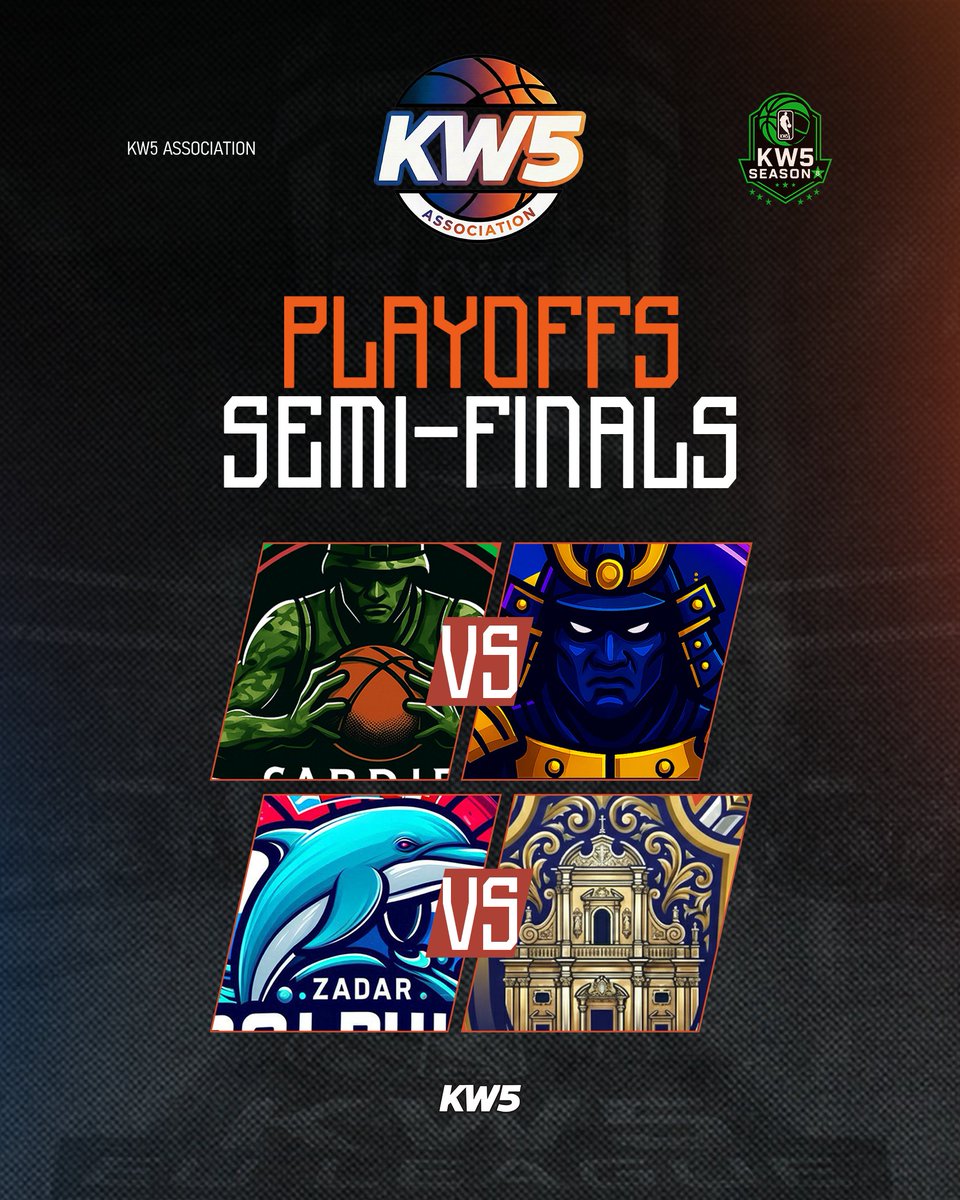 KW5_EU's tweet photo. 🔥@KW5_EU Association Playoffs🔥
Season 8 | SEMI-FINALS
Games start TONIGHT.
---
@KW5Commanders VS @KW5Samurais 
@KW5Dolphins VS @KW5SWORDS  
---
LAST SERIES BEFORE THE SEASON 8 FINALS🏀💥

#KW5 #KW5Association #Playoffs #Season8 #SemiFinals https://t.co/Bcp9nevL0L