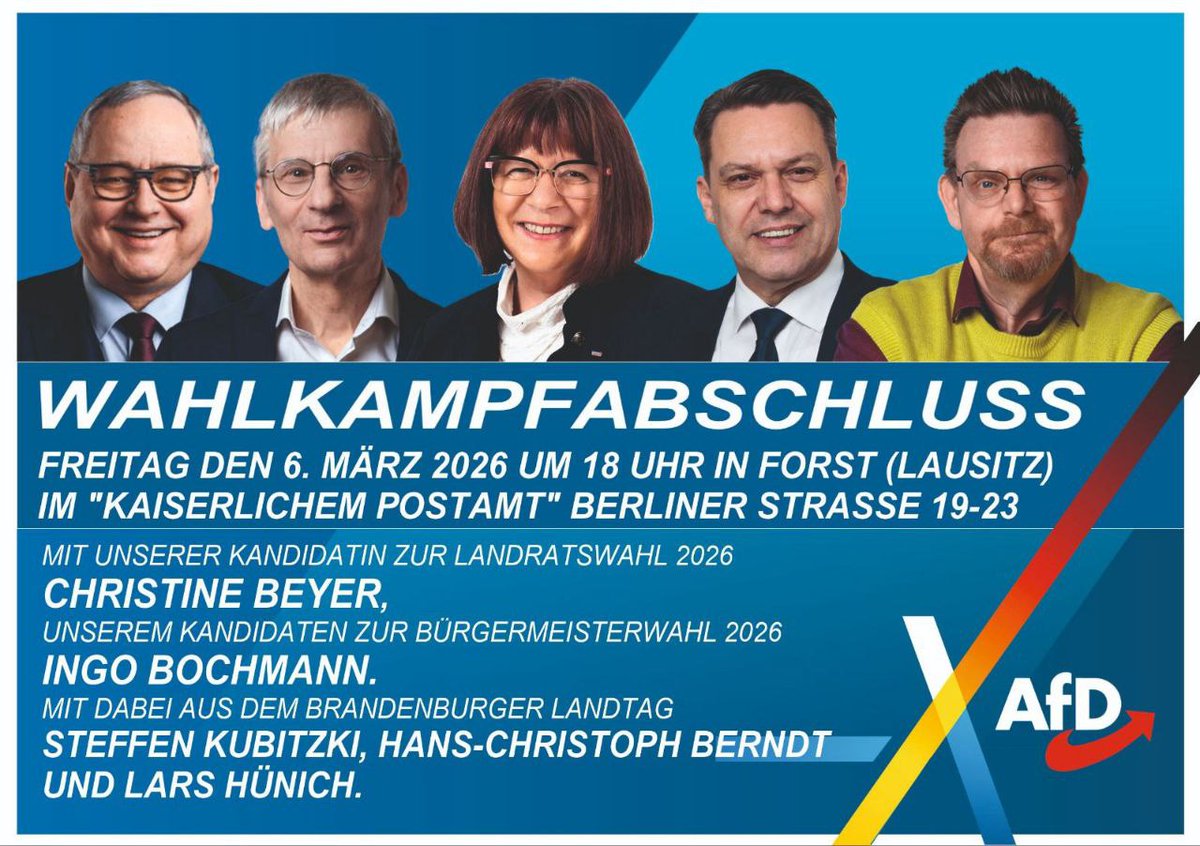 🎤 Wahlkampfabschluss in Forst (Lausitz)! Am Freitag, den 6. März 2026 um 18 Uhr laden wir herzlich ins „Kaiserliche Postamt“, Berliner Straße 19–23 ein.

Mit dabei:
🔹 Christine Beyer – Kandidatin zur Landratswahl 2026
🔹 Ingo Bochmann – Kandidat zur Bürgermeisterwahl 2026
🔹
