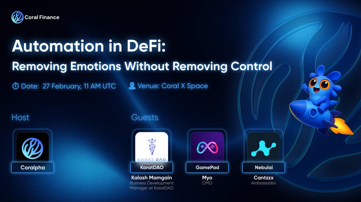 🔊 Join our X Space with <a href="/KaratDAO/">KaratDAO 🥕 AI Prediction Market Agent</a> , @GamePadco, <a href="/NebulaiHQ/">Nebulai</a>

💬 Topic: Automation in DeFi: Removing Emotions Without Removing Control

We’ll break down how automation is reshaping DeFi — where it reduces emotional decision-making, where users still stay in control, and what’s