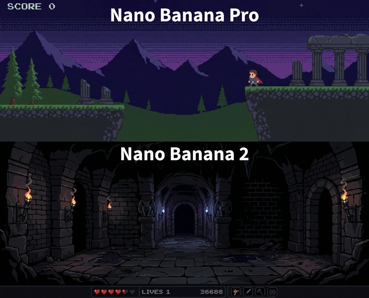 Nano Banana 2 vs Nano Banana Pro

"A pixelated game-style background, a dark color scheme, and minimal patterns"