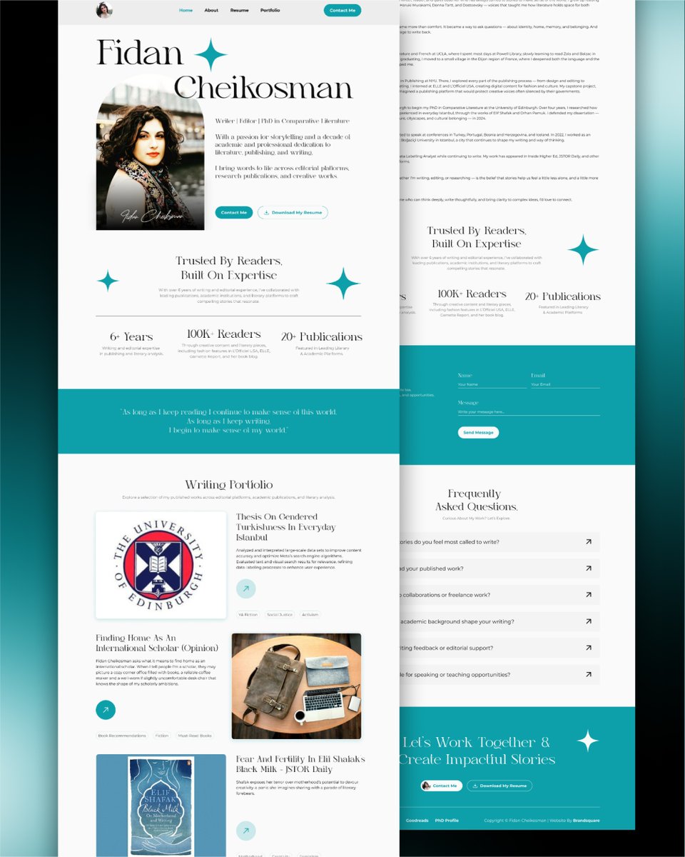 thekhaledfarhad's tweet photo. You’ve always asked me before
if my team and I only operate in regulated industries.

Finance.
Healthcare.
Legal.
Real estate.

Yes, we build serious systems.
Yes, we handle complexity.

But we never limit ourselves to categories.

In 2025, one of my favorite projects
was with Fidan Cheikosman.

She’s a writer.
And that mattered.

Because writers are different.

They don’t just produce content.
They give language to thoughts most people struggle to express.
They shape perspective.
I’ve always respected that.

Working on Fidan’s brand was a different kind of build.

There was no compliance framework.
No backend system architecture.

This was about voice.
Identity.
Positioning.

But make no mistake
building a writer’s brand demands the same discipline
as building for finance or healthcare.

Different problem.
Same standard.

At @brandsquarellc, the industry can change.
The expectation never does.

2025 wasn’t just about scale for us.
It was about choosing projects with depth.
And this one had it!