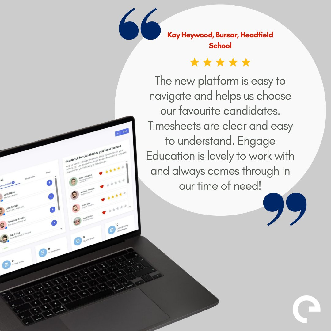 💬 “The new platform is easy to navigate and helps us choose our favourite candidates.” Kay Heywood, Bursar, Headfield School.

👉 Book a demo with us today: hubs.ly/Q0410Gk70   
 
#EngageEducation #EngageNow #SchoolStaffing #EdTech #Education #TimeSaver