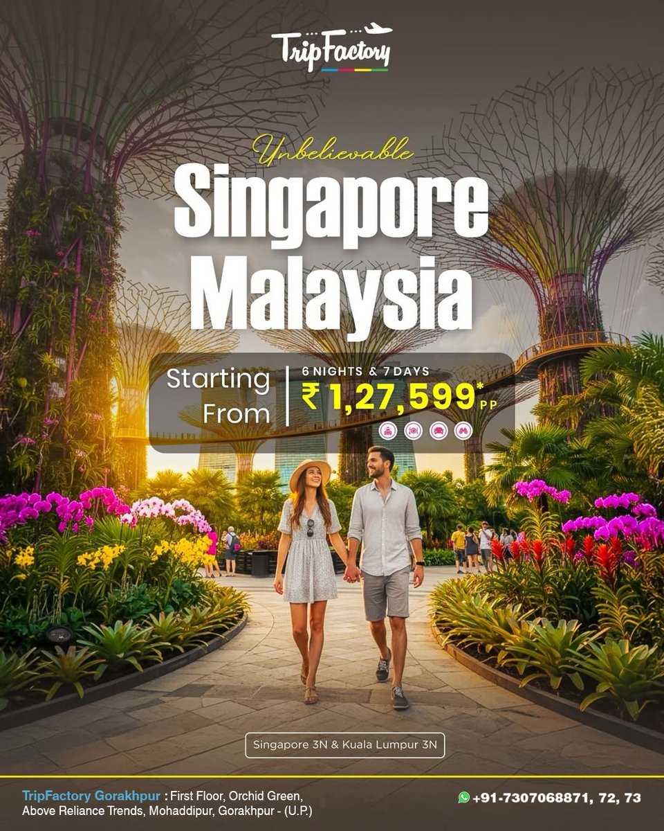 TripFactoryGkp's tweet photo. Because some journeys deserve more than just a ticket — they deserve Singapore &amp; Malaysia ✨🌆🌴
6 Nights &amp; 7 Days of seamless exploration await.
Plan your next international getaway with @tripfactorygkp
Call +91-7307068871, 72, 73 for more details. https://t.co/kHtwUav2E1