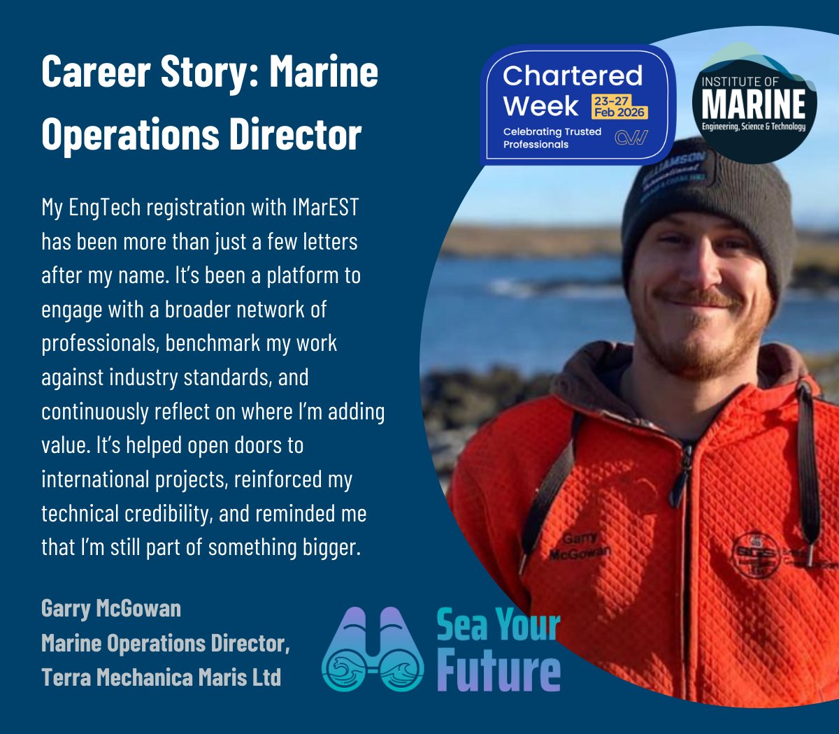 IMarEST's tweet photo. ⛑️Career Story: Garry McGowan 

While we're celebrating #CharteredWeek, we’re also recognising the value of all forms of professional registration. 

Read full story here👉 https://t.co/k0dP8wnsw4

#AspiredToBeChartered #IMarESTSYF #ProfessionalRegistration #IMarEST https://t.co/2eyZm4IpoI
