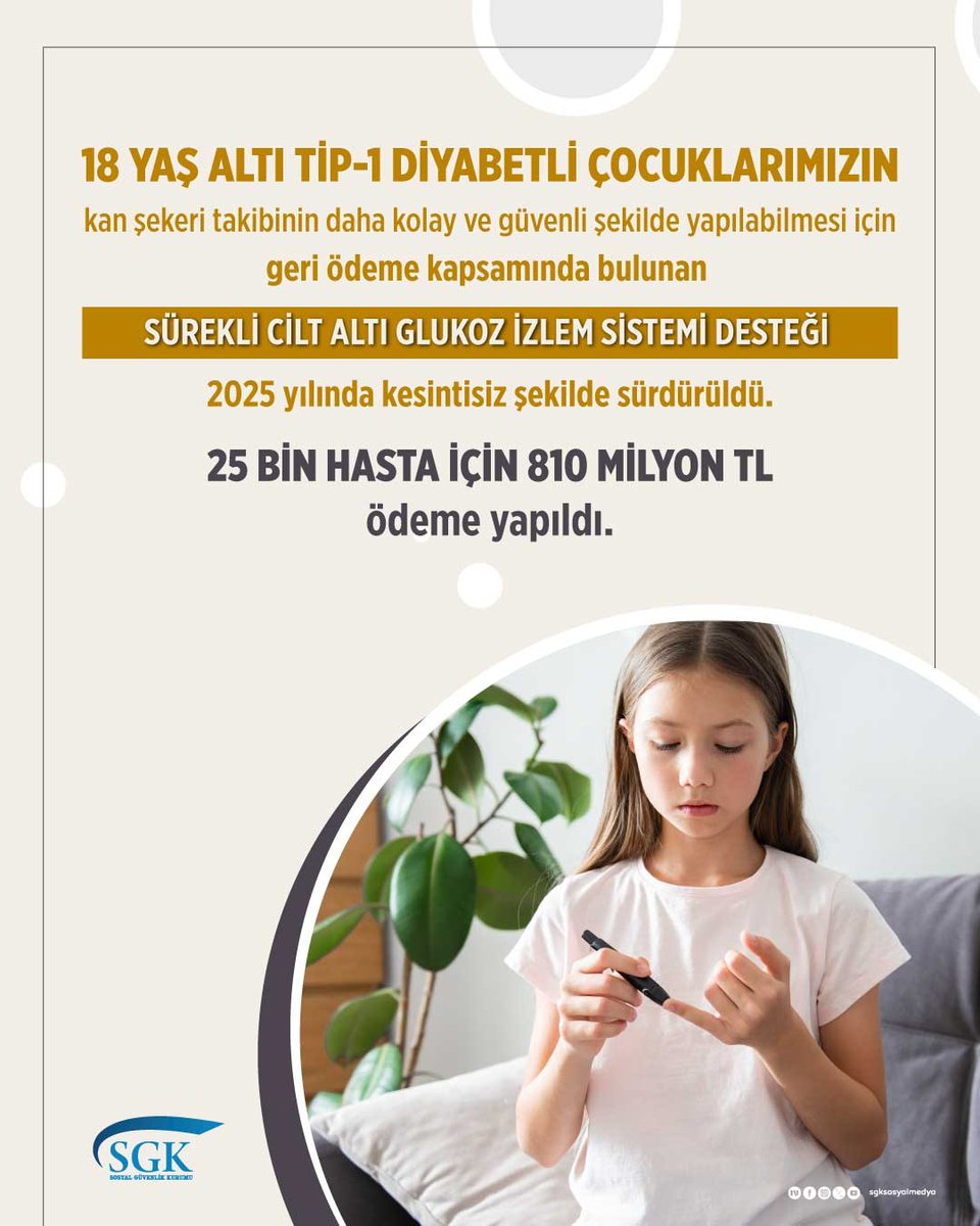 🩺 18 yaş altı Tip-1 diyabetli çocuklarımızın kan şekeri takibini kolay ve güvenli hale getirmek için, Sürekli Cilt Altı Glukoz İzlem Sistemi desteğini 2025’te kesintisiz sürdürdük.
 
✅ 2025 yılında 25 bin hasta için 810 milyon TL ödeme yaptık.