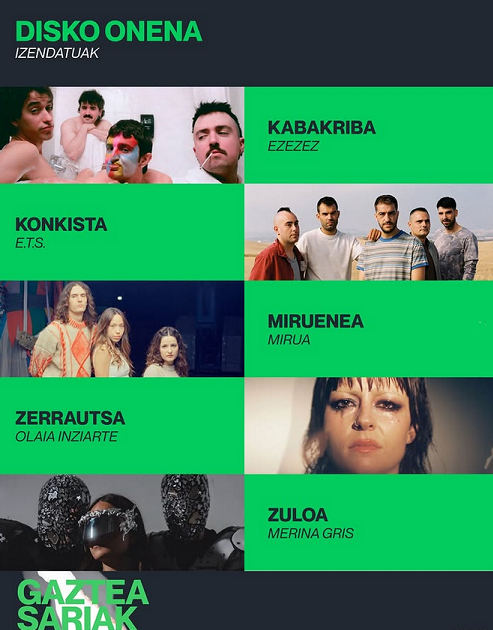 gaztea's tweet photo. ☄️DISKO ONENA☄️

@EnTolSarmiento-ren ‘KONKISTA’, EZEZEZen ‘Kabakriba’, @MerinaGris-en ‘ZULOA’, @OlaiaInziarte-ren 'Zerrautsa' eta @mirutxo-ren ‘MIRUENEA’ dira aurtengo izendatuak #GazteaSariak 
https://t.co/v4u7S2gK0Q https://t.co/VIDU7Pz74Y