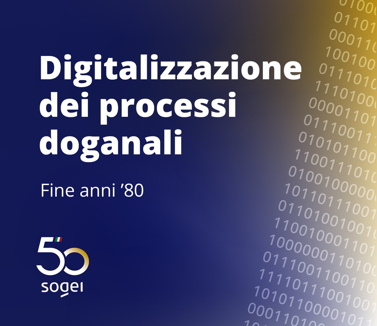 In 50 anni di Informatica di Stato, #Sogei ha digitalizzato la PA con progetti che hanno fatto la storia del Paese.

💾Fine ’80: parte la digitalizzazione dei processi doganali. Telematico Dogane e AIDA creano un’unica architettura digitale.

👉 sogei.it/it/sogei-homep…

#Sogei50
