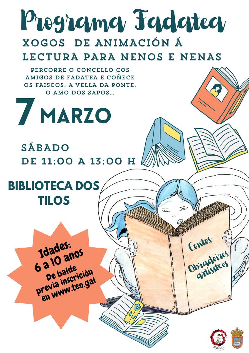 bibliosteo's tweet photo. 📷Fadatea volve ás Bibliotecas de Teo, unha actividade pensada para que as crianzas  se  acheguen aos libros a través do xogo, os contos e a imaxinación. Tedes toda a info e a ligazón para inscribirse en https://t.co/c7QQSbWDls
#Fadatea #BibliotecasDeTeo https://t.co/BNMTtvHYGv