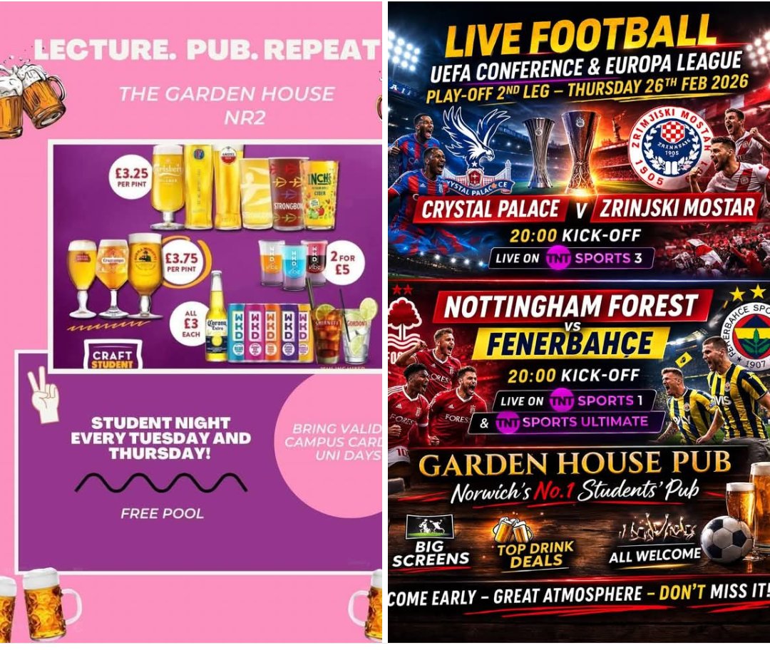 TheGardenHouse5's tweet image. It's students savers free pool loads of great offers 

Football ⚽ on the screens #StudentVibes #studentoffers #no1studentspubinnorwich #norwichlife #gardenhouse