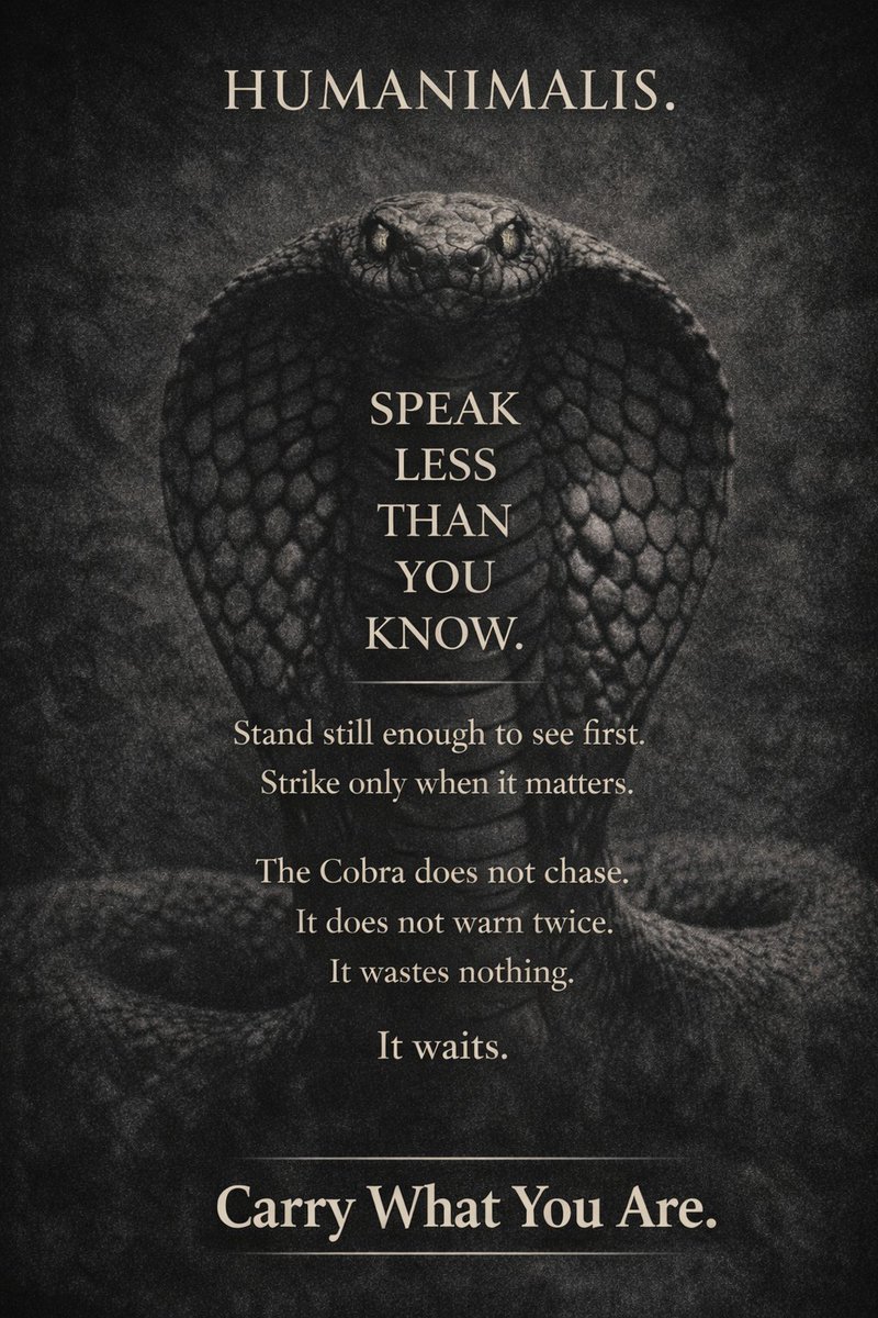 Humanimalis's tweet photo. HUMANIMALIS.
Speak less than you know.
Strike only when it matters.
The Cobra wastes nothing.
Carry What You Are. https://t.co/iYND5j1Csm