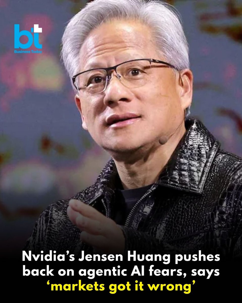 business_today's tweet image. 🚨💻 #TechToday | #Nvidia CEO #JensenHuang argues that #AI won't kill enterprise software and that the investors are misreading the room. The IT sector has experienced a shockwave across the market due to the volatile "#SaaSapocalypse" narrative. Now, Huag claims that it is a