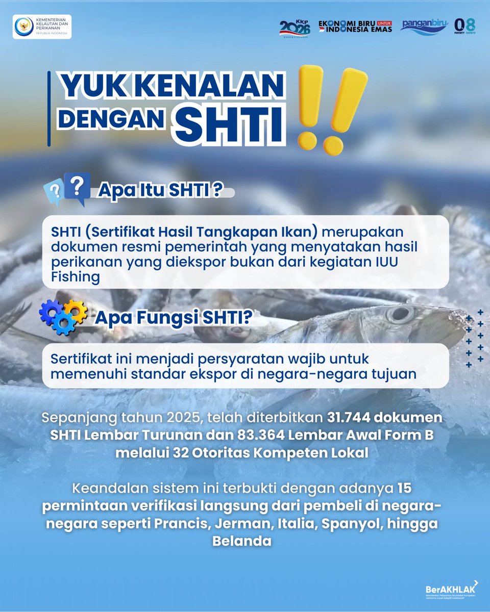 rizafarhan's tweet photo. Biar ikan Indonesia bisa tembus pasar dunia, perlu yang namanya SHTI.
Sertifikat ini jadi bukti bahwa ikan yang diekspor legal, tertelusur, dan memenuhi standar internasional.

 #2026KKPGrowStronger #SaktiWahyuTrenggono #KKPGOID #SertifikasiPerikanan
#shtikunci71C https://t.co/04AUabAO9K