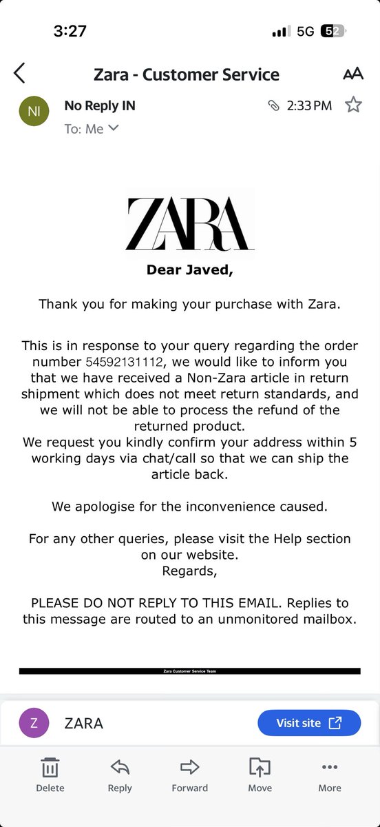 JACPOSWAL's tweet photo. @ZARA_Care I’ve received this email about my return refund. I’ve returned the exact same Zara item I ordered, and the delivery team has picked it up. Please arrange call back at my number 9988536568. My order number is 5459213111 https://t.co/92l5n9e8xj