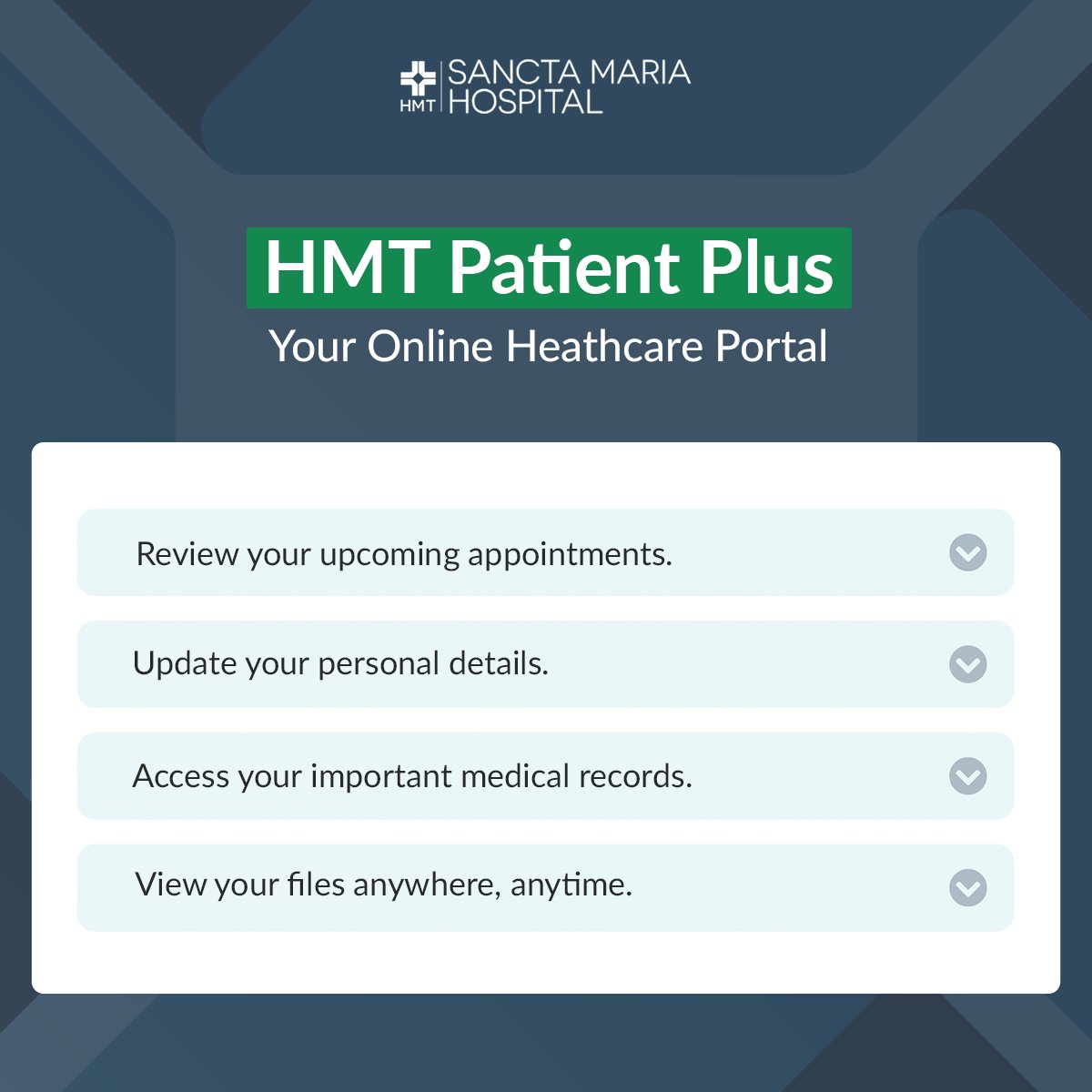 HMTSanctaMaria's tweet image. HMT Patient Plus is your secure, purpose-built Healthcare Portal making managing health simple and convenient!📲

Have you signed up yet? Find out how on our website hmtsanctamaria.org/patient-plus/ 🔗

#HMTSanctaMaria | #PatientPlus | #OnlineHealthcare