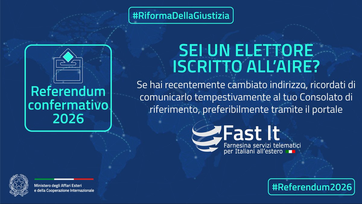 ItalyinKSA's tweet photo. #Referendum2026 
Se sei iscritto all’AIRE, riceverai il plico a casa per votare sul quesito riguardante la c.d. "Riforma della giustizia". Se hai recentemente cambiato indirizzo, ricordati di comunicarlo tempestivamente al tuo Consolato di riferimento, tramite il portale #FastIt https://t.co/t3gitbITQ4