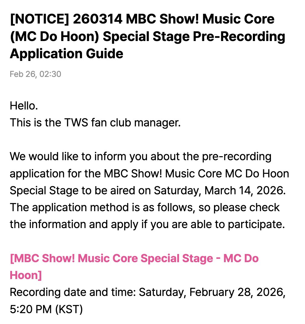 [INFO] 260226

MCs #DOHOON, Gyuvin and A-NA will have a special stage to celebrate KongHaeDdo’s 1st anniversary (3/1) on Show! Music Core.

It will air on the March 14th broadcast.

#도훈 #TWS #투어스 #247WithUs <a href="/TWS_PLEDIS/">TWS</a>