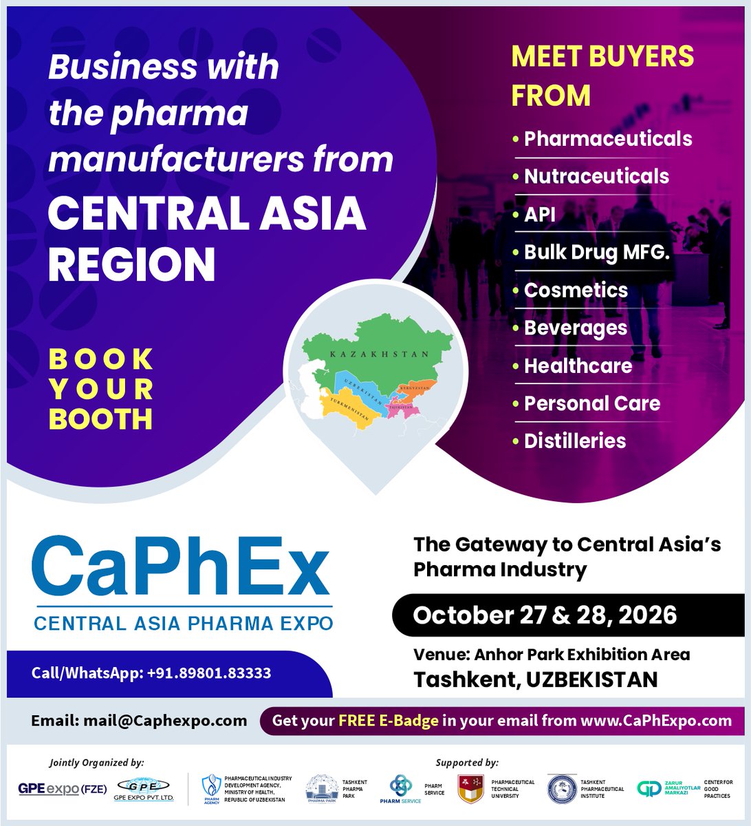 CaPhExpo's tweet photo. Central Asia is open for pharma business! 💊🌍
Meet buyers. Build partnerships. Grow globally.

Dates: October 27 &amp; 28, 2026
Venue: Anhor Park Exhibition Area, Tashkent, Uzbekistan

Book your booth at CaPhEx 2026 today!
Call/WhatsApp: +918980183333
Email: mail@Caphexpo.com https://t.co/gwbXKRrwr7