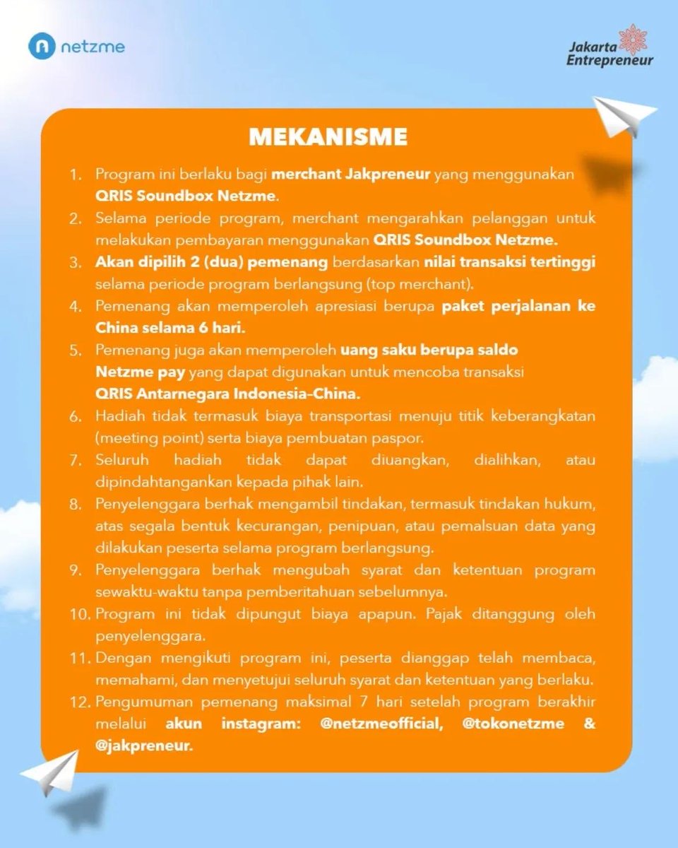 Siapa yang punya mimpi main ke negeri tirai bambu nih Jakpreneur?

Tenang kalo para Jakpreneur rajin pake QRIS Soundbox Netzme dijamin 2 orang top JP akan kita terbangkan ke China tahun ini!

Jadi tunggu apalagi, ayo tingkatkan terus transaksi QRIS Soundbox Netzme kamu 🚀🎉