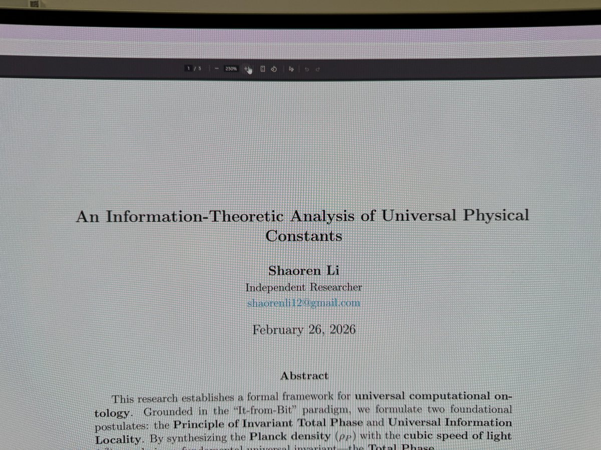 ShaorenLi's tweet photo. Childhood dream fulfilled. 140 hours of relentless deduction. My body reached its limit, but I’ve stepped into the Divine realm. A physics paper of true meaning is born.
Thank you God, Einstein, Satoshi, and Snapdragon. Witness the resonance.
@Pontifex   @elonmusk https://t.co/x9IbrcjnjC