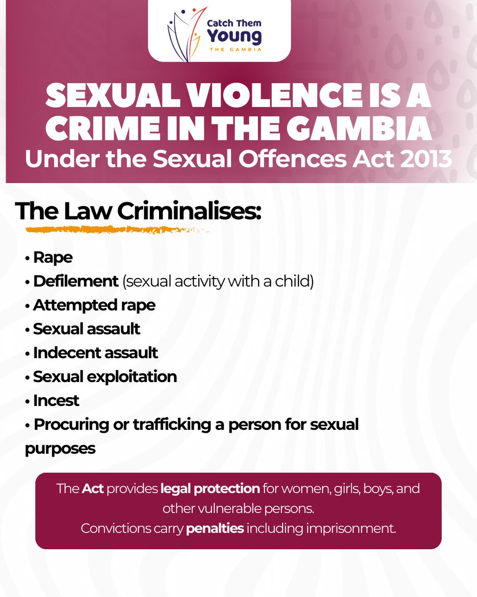 Child sexual violence cases are not just threats, they expose gaps in protection systems.

This is why strict laws, consistent enforcement, and institutional accountability are essential.

Child protection must move beyond policy into practice.

#CTYGambia #ChildProtection