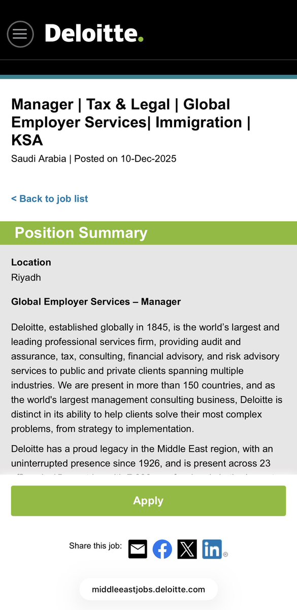 لفتت نظري هذه الفرصة الوظيفية الموجهة لمتخصصي القانون من حملة البكالريوس من <a href="/DeloitteKSA/">Deloitte Saudi Arabia</a> أحد شركات الـ Big 4 

حبيت اشاركها معكم خصوصًا إن شروطهم تعتبر معقولة وسهلة التحقق من لغة إنجليزية وخبره ٣ سنوات فأكثر

middleeastjobs.deloitte.com/careersME/Pipe…