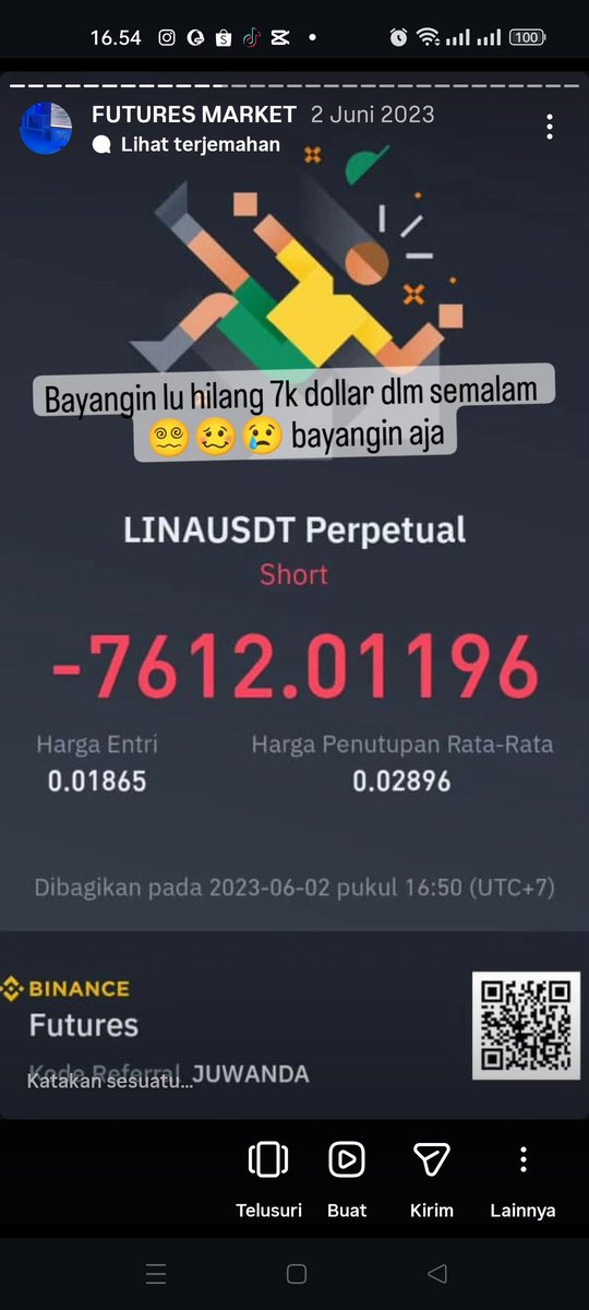 juwanda1BUSD's tweet photo. Supaya gak dibilang kampungan lah, newbie lah, dll. Oke nih gua share loss gua selama trading crypto

gua udah pernah loss sebanyak -$25k trading di market future, bahkan pernah loss -$7k dalam semalam

di spot dulu jg pernah sampai loss sekitar 200jtan

Trading itu benar2 gak mudah, banyak faktor yg mempengaruhi hasil trade mu

Jadi buat kalian yg berpikir mau cepat kaya, buat bayar hutang, buat bayar SPP kuliah, dll dari trading mending Lo hapus akun terus cari kerja lain aja dah