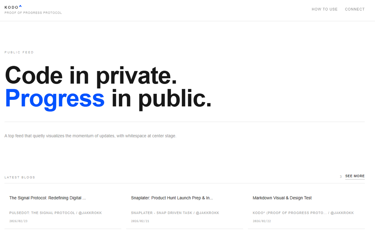 jakk_hack_jp's tweet photo. I just launched KODO^ (Proof of Progress Protocol).

It turns your GitHub progress into a public, readable feed so people can see momentum, not just final results.
#buildinpublic

https://t.co/fHVdtybg4s https://t.co/qDLj4DdBm5