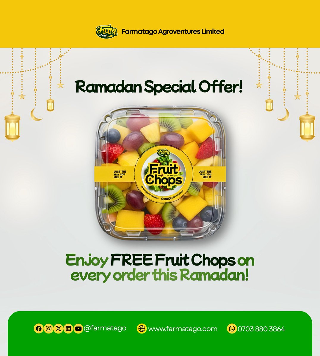 🌙 FREE Fruit Chops This Ramadan! 

That’s right! Every order this Ramadan comes with a complimentary fruit chop to make your Suhur &amp; Iftar extra fresh and delicious. 😋

📩 DM us or call 07038803864 to place your order now!

#RamadanFresh #FreeFruitChops #Suhur #Iftar #Ramadan