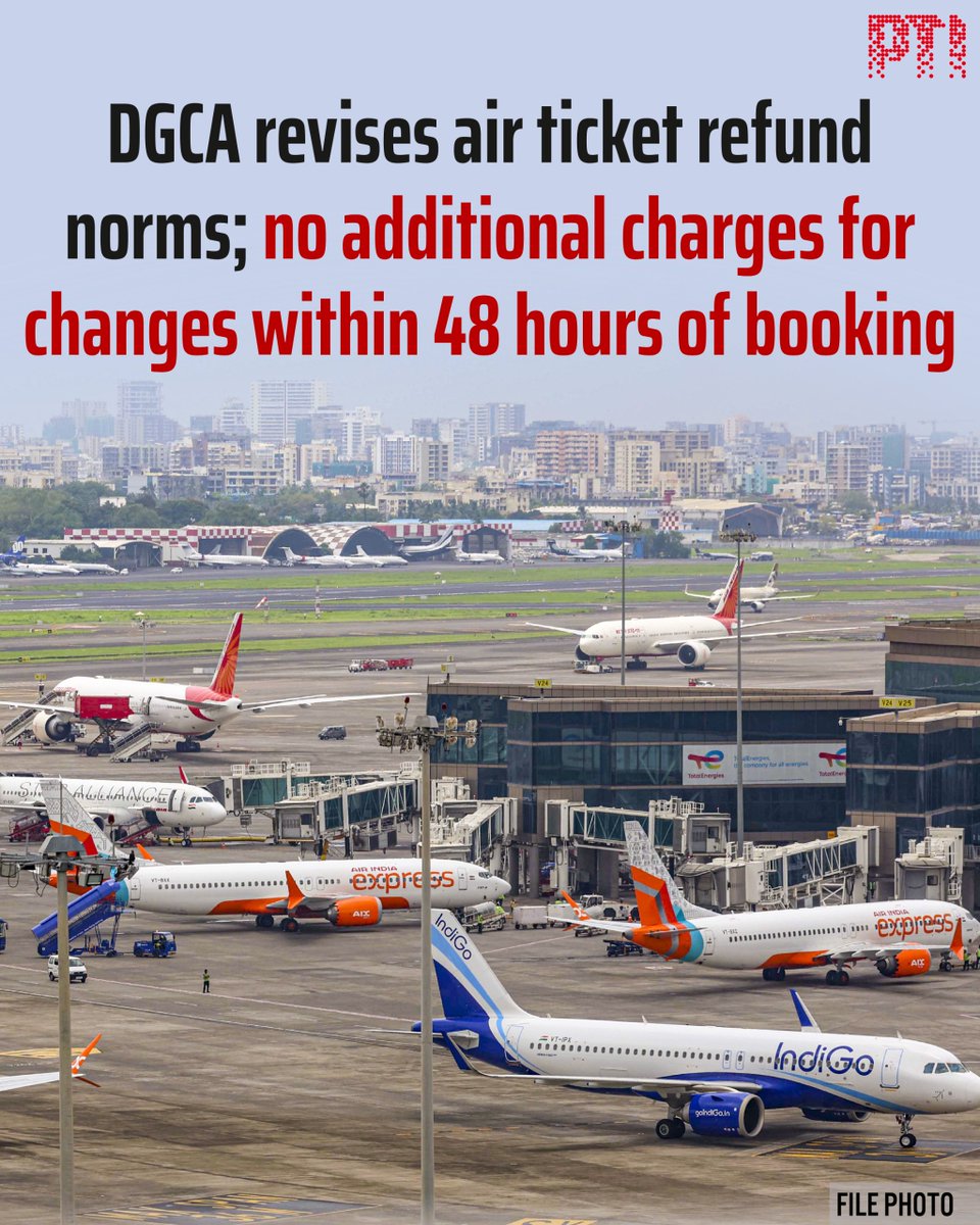 PTI_News's tweet photo. STORY | DGCA revises air ticket refund norms; no additional charges for changes within 48 hours of booking

Passengers can now cancel or change air tickets without paying an additional charge within 48 hours of making the bookings subject to certain conditions, with aviation watchdog DGCA revising the ticket refund norms for airlines.

Coming out with the amended norms that are more passenger-friendly, the DGCA also said that airlines should not levy any additional charge for correction in the name of the same person when the error is pointed out by the passenger within 24 hours of making the booking when the ticket is booked directly through the airline's website.

"In case of purchase of ticket through travel agent/portal, the onus of the refund shall lie with the airlines, as agents are their appointed representatives. The airlines shall ensure that the refund process is completed within 14 working days," the Directorate General of Civil Aviation (DGCA) said.

Besides, there are changes with respect to norms for ticket cancellations due to a medical emergency faced by the passenger.

READ: https://t.co/uUWGPLSV89