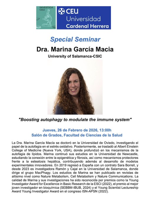 CienciaUCHCEU's tweet photo. Es hoy! A las 13h en el Salón de Grados CC Salud @uchceu, Special Seminar con la Dra Marina García Macia, investigadora RyC e IP del Grupo MacPhagy en la Universidad de Salamanca @usal
Presenta sus avances sobre los mecanismos de la #autofagia en la modulación del sistema inmune https://t.co/HJ5Q2YDEQw