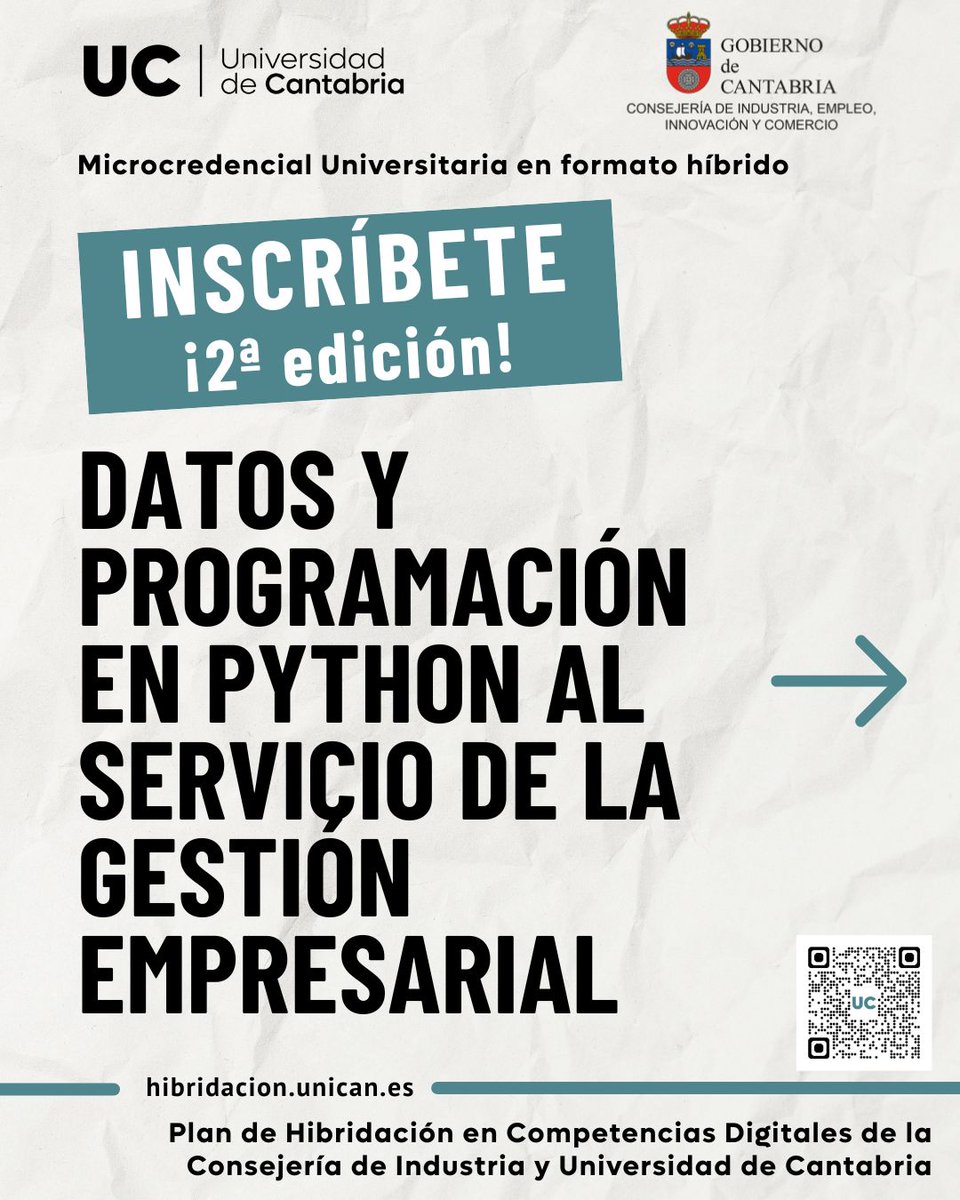 unican's tweet photo. 📢Abierta la inscripción de la microcredencial Datos y Programación en Python al servicio de la Gestión Empresarial.

- No es necesario saber programar
- Modalidad híbrida
- Impartición: 3/03-1/04
- Matrícula reducida: 23,82 €

🔗 Reserva ya tu plaza en: https://t.co/1t6NIRLHdF https://t.co/j6JwP3bNQ7