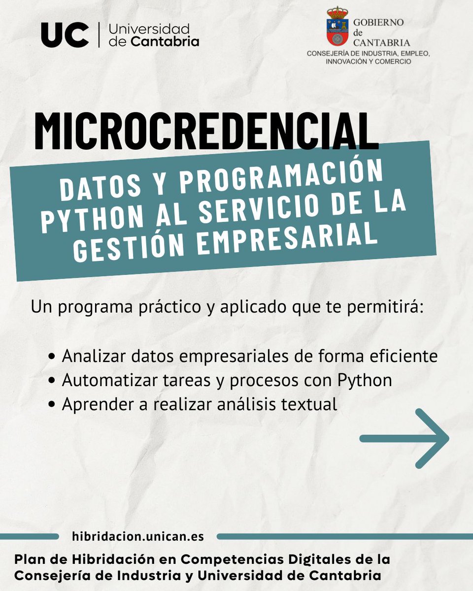 unican's tweet photo. 📢Abierta la inscripción de la microcredencial Datos y Programación en Python al servicio de la Gestión Empresarial.

- No es necesario saber programar
- Modalidad híbrida
- Impartición: 3/03-1/04
- Matrícula reducida: 23,82 €

🔗 Reserva ya tu plaza en: https://t.co/1t6NIRLHdF https://t.co/j6JwP3bNQ7