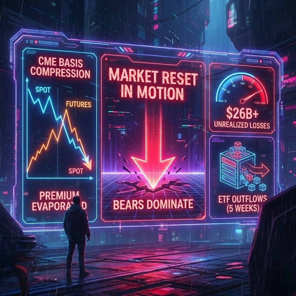 NetGlimpse's tweet photo. The #Bitcoin market is undergoing a major reset as the #CME basis compresses to cycle lows. With $26B in unrealized losses and consistent #ETF outflows, bears are tightening their grip on the #Crypto price action. A healthy but painful flush out is in motion. https://t.co/lmuRgQLGai