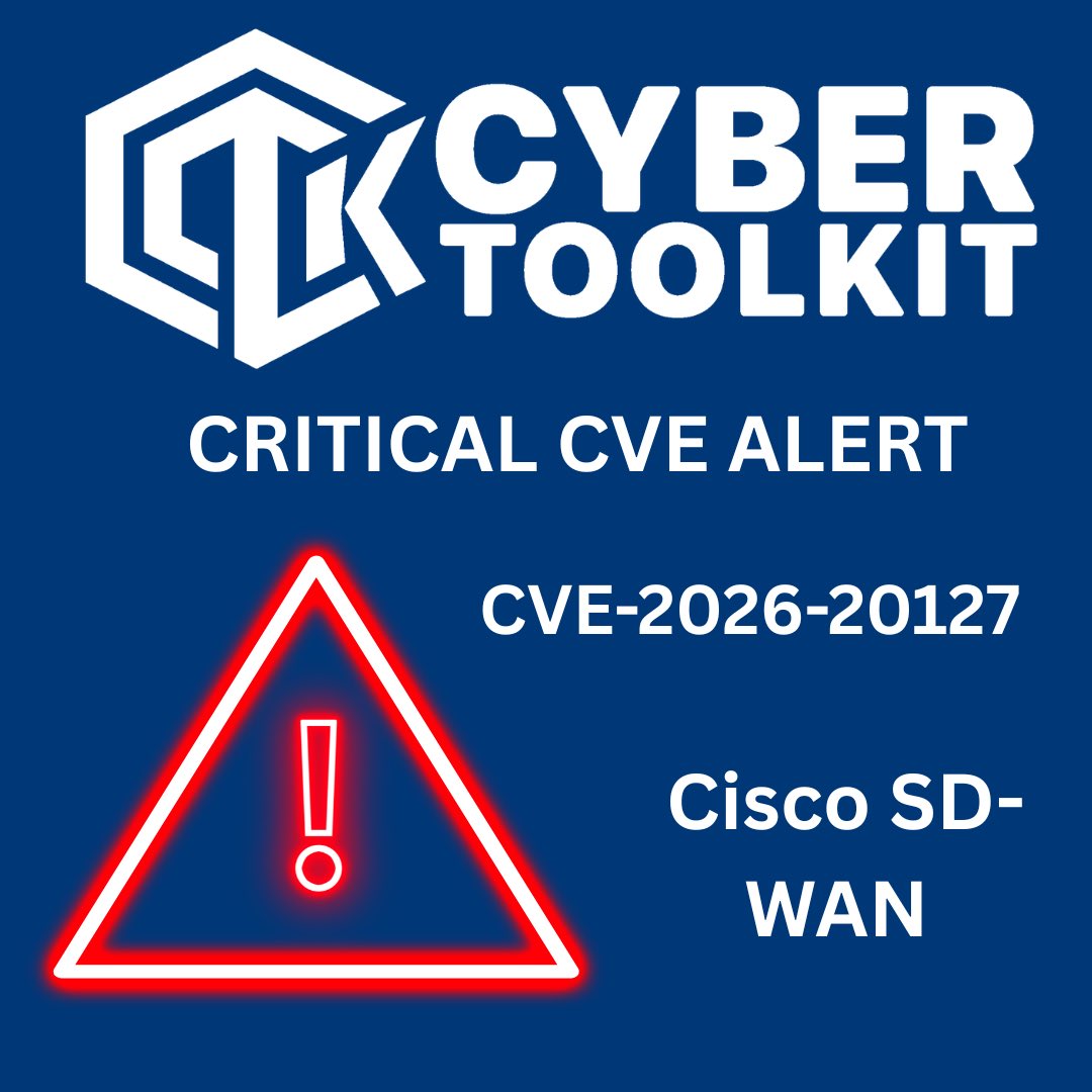 Cyber_Toolkit's tweet photo. CRITICAL CVE ALERT🚨

A newly disclosed vulnerability, CVE-2026-20127 has been assigned a CVSS score of 10.0.

Organisations running Cisco SD-WAN should review Cisco’s security advisory immediately &amp; take appropriate remediation action.
 https://t.co/EjNqF1JE4i https://t.co/qDW0jcsogf