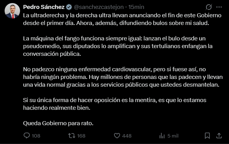 <a href="/sanchezcastejon/">Pedro Sánchez</a> Ultraderecha, derecha ultra, bulos, máquina del fango, pseudomedio, desmanteláis servicios públicos (llevas gobernando 8 años), etc.

Siempre los mismos mantras.

Ahora enchufad los bots. Que 450 likes en 15 minutos es flojillo. Veremos de repente una subida de 5.000 en una hora.