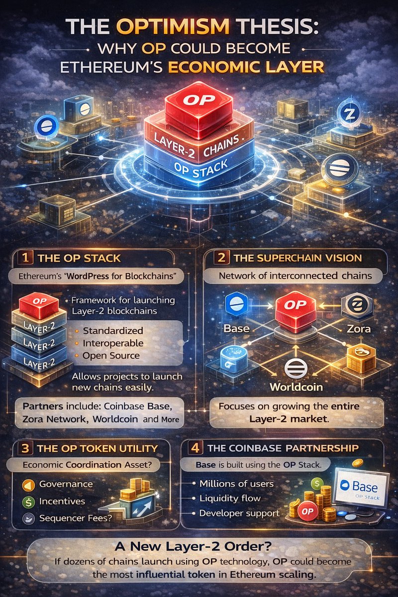 web_scavengr's tweet photo. The Optimism Thesis: Why $OP Could Become Ethereum’s Economic Layer

Introduction

Over the last few years, Ethereum has faced a persistent challenge: scalability. As demand for decentralized finance, NFTs, gaming, and on-chain social networks increased, gas fees surged and transaction speeds slowed. The solution did not come from replacing Ethereum but from building on top of it.

This is where Layer-2 networks entered the picture.

Among them, Optimism has emerged as one of the most influential ecosystems shaping Ethereum’s scaling roadmap. While competitors such as Arbitrum, Base, and zk-rollups compete for liquidity and users, Optimism has taken a different approach — building a network of chains rather than a single chain.

At the center of this strategy is the OP Stack and the concept of the Superchain.

Instead of competing for a single dominant L2, Optimism is trying to become the infrastructure layer powering dozens of chains.

This article breaks down:

• What Optimism is
• Why the OP Stack matters
• How the Superchain could reshape Ethereum
• Tokenomics of OP
• Risks and opportunities for investors

1. What is Optimism?

Optimism is a Layer-2 scaling solution for Ethereum built using Optimistic Rollups.

Optimistic rollups bundle many transactions together and submit them to Ethereum as a single batch. This drastically reduces fees and increases throughput while maintaining Ethereum security.

Key benefits include:

• Lower gas fees
• Faster transactions
• Ethereum-level security
• Compatibility with Ethereum applications

Unlike some scaling solutions that require developers to rewrite code, Optimism is EVM equivalent, meaning developers can easily deploy Ethereum apps on it.

That simplicity has helped Optimism grow its ecosystem.

Today the network hosts:

• DeFi protocols
• NFT platforms
• Gaming ecosystems
• Social applications
• Infrastructure tools

But technology alone is not what makes Optimism unique.

Its economic vision is what sets it apart.

2. The OP Stack: Optimism’s Biggest Innovation

The OP Stack is essentially a framework for building Layer-2 blockchains.

Think of it as:

“Ethereum’s WordPress for blockchains.”

Instead of every project building its own blockchain from scratch, developers can launch chains using the OP Stack.

This is powerful for several reasons.

First, it dramatically lowers the cost of launching new networks.

Second, it standardizes infrastructure across chains.

Third, it allows different chains to interoperate easily.

This has led to the birth of the Superchain.

3. The Superchain Vision

Optimism is not trying to win as just another Layer-2.

It is attempting to create a network of interconnected chains.

This network is called the Superchain.

The idea is simple:

Many chains
Shared standards
Shared security
Shared infrastructure

Chains built on OP Stack contribute value back to the ecosystem.

Some major players already using the OP Stack include:

• Base (by Coinbase)
• Zora Network
• Worldcoin’s upcoming chain
• Several gaming and DeFi networks

If this model succeeds, Optimism does not just compete for users.

It becomes the infrastructure behind an entire ecosystem of blockchains.

That is a much bigger opportunity.

4. Optimism’s Ecosystem Growth

Optimism has grown rapidly across multiple metrics.

Total Value Locked (TVL)

TVL measures how much capital is deployed in DeFi protocols on the network.

Rising TVL indicates:

• Trust
• Liquidity
• User activity

Optimism’s TVL growth has been driven by:

• Velodrome
• Synthetix
• Aave
• Uniswap deployments

Liquidity incentives and ecosystem grants have also attracted developers.

Developer Activity

One of Optimism’s strongest advantages is developer traction.

More developers means:

• More applications
• More innovation
• More users

This is a critical metric for long-term success.