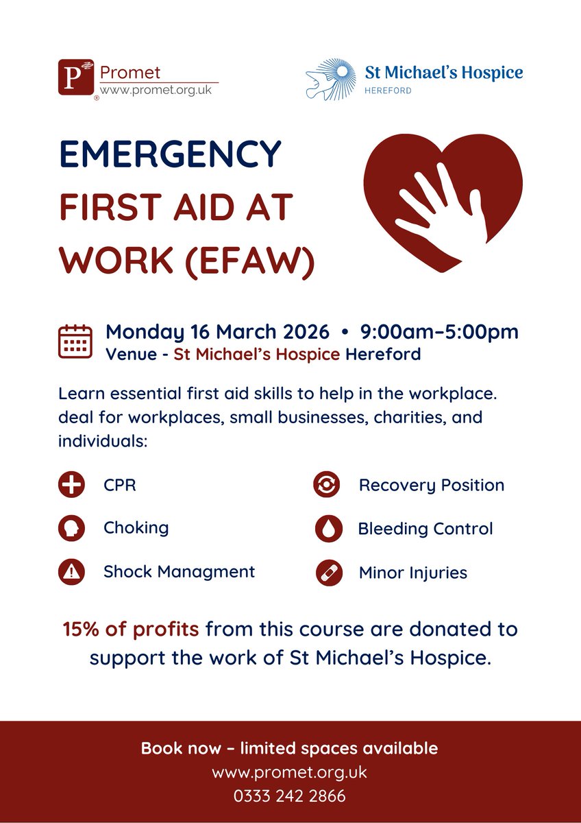 Promet_Training's tweet photo. EFAW course in #Hereford 🚨
16 March 2026 | 9am–5pm
Limited spaces: https://t.co/W6ejDHiBvv
#FirstAid #EFAW #CPR #WorkplaceSafety  #herefordshire #Hereford #safety #charity #life https://t.co/wIYILPXOAf