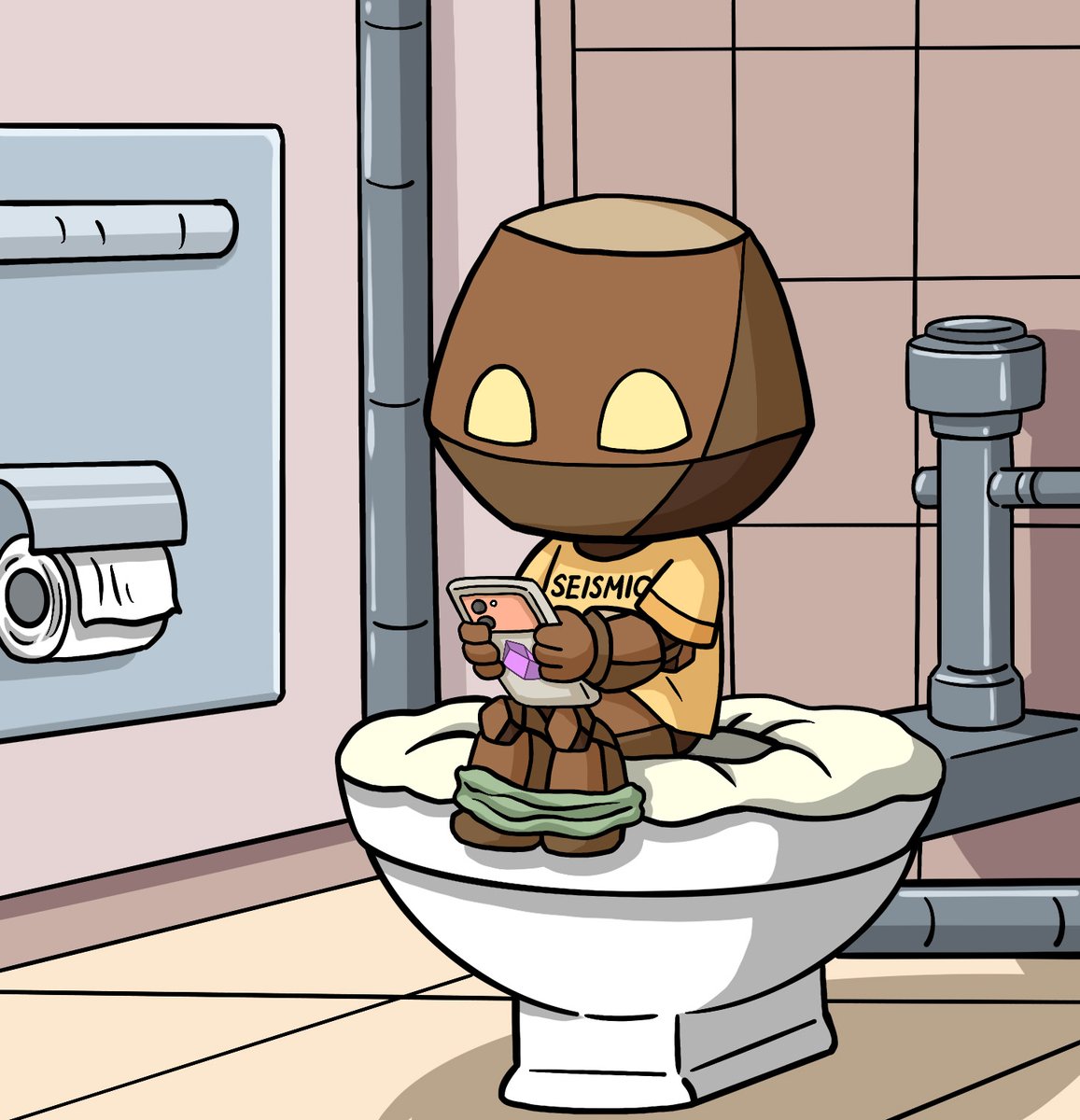This artwork was inspired by a sudden flash of genius while I was on the toilet. <a href="/SeismicSys/">Seismic</a> 

Rocky sits quietly on the throne, savoring a rare moment of solitude,

casually scrolling on his Seismic-branded phone, lost in the content he loves.

The bathroom light feels a bit
