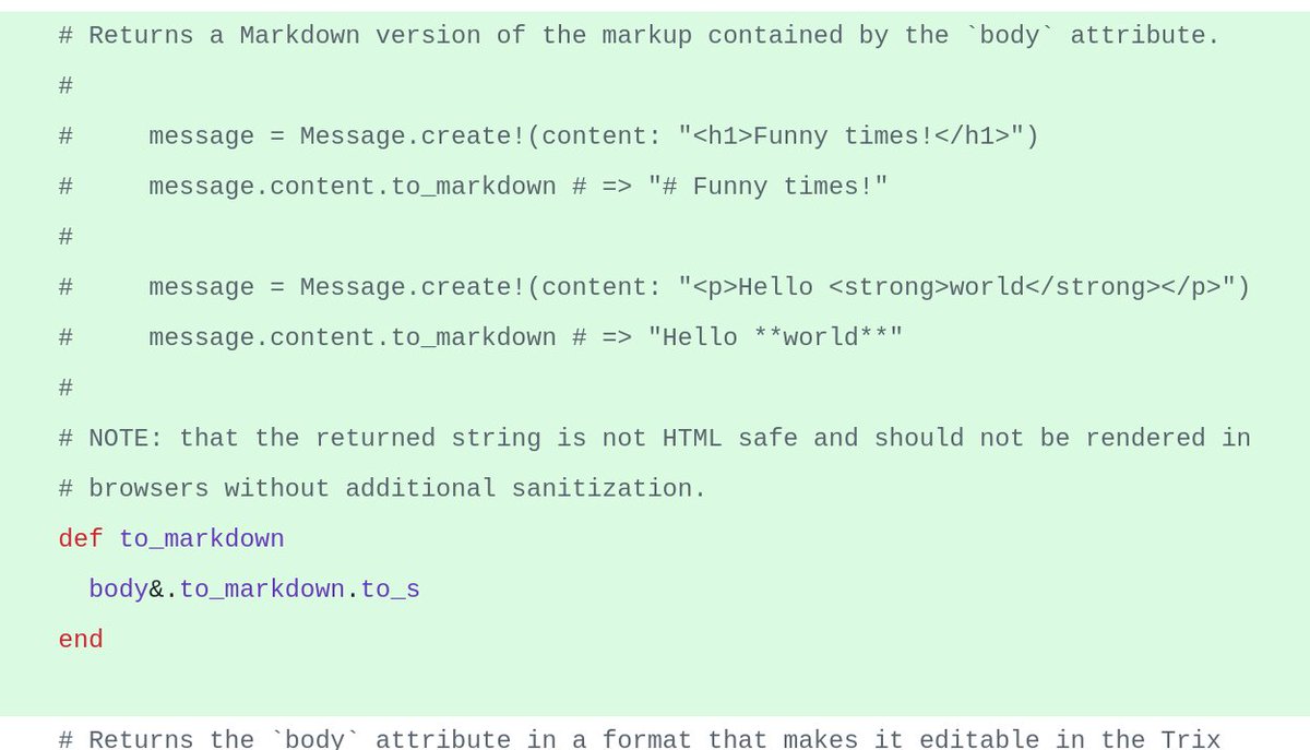 maciejmensfeld's tweet image. Amazing PR by @flavorjones that somehow flew under the radar: to_markdown for ActionText in Rails!

Super useful for RAGs and LLM coding agents - and surprisingly, it's even faster than to_plain_text.

github.com/rails/rails/pu… 

Thank you! 🙏🚀 #ruby #opensource #rubyonrails