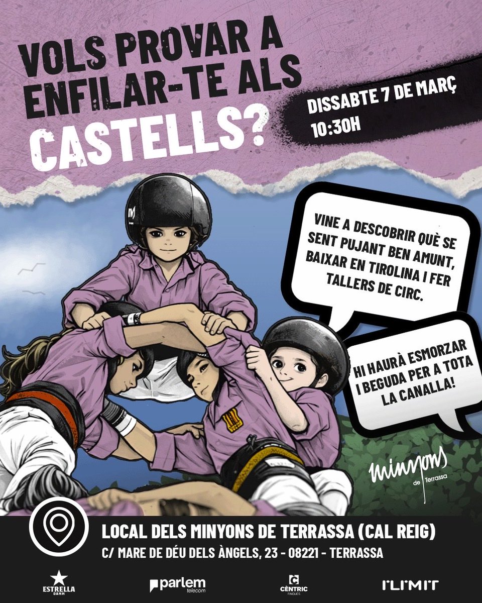 Minyons's tweet photo. Vols provar a enfilar-te als castells?

📅 7 de març
🕥 A partir de les 10.30h
📍 Cal Reig – Terrassa

Descobreix què se sent pujant ben amunt, baixar en tirolina i fer tallers de circ.

🥐 Hi haurà esmorzar i beguda per a tota la canalla!

Vine i gaudeix! 💜

#terrassa #castells https://t.co/4vjsVtkQKo