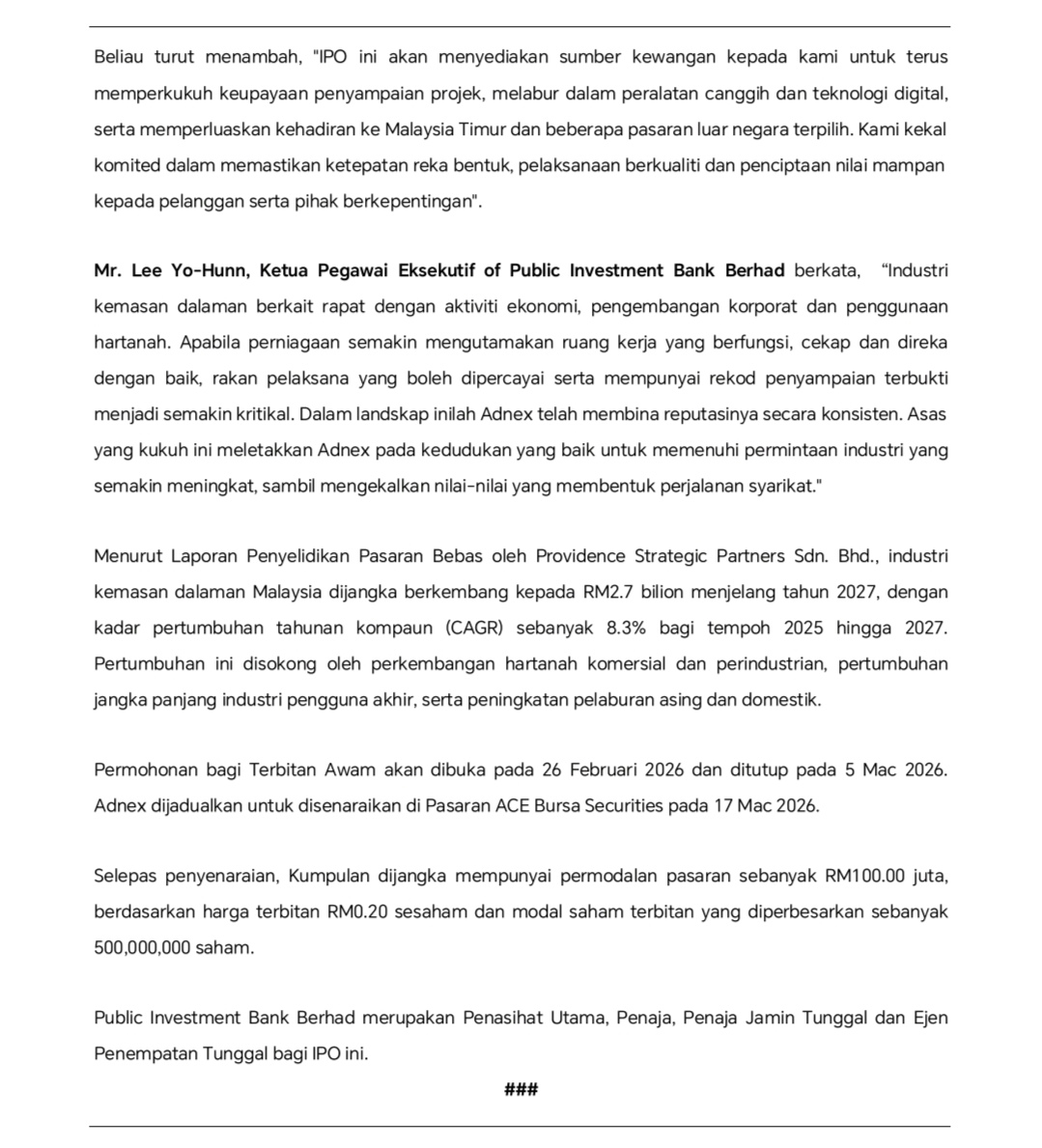 Adnex  Lancar IPO Ke Pasaran ACE