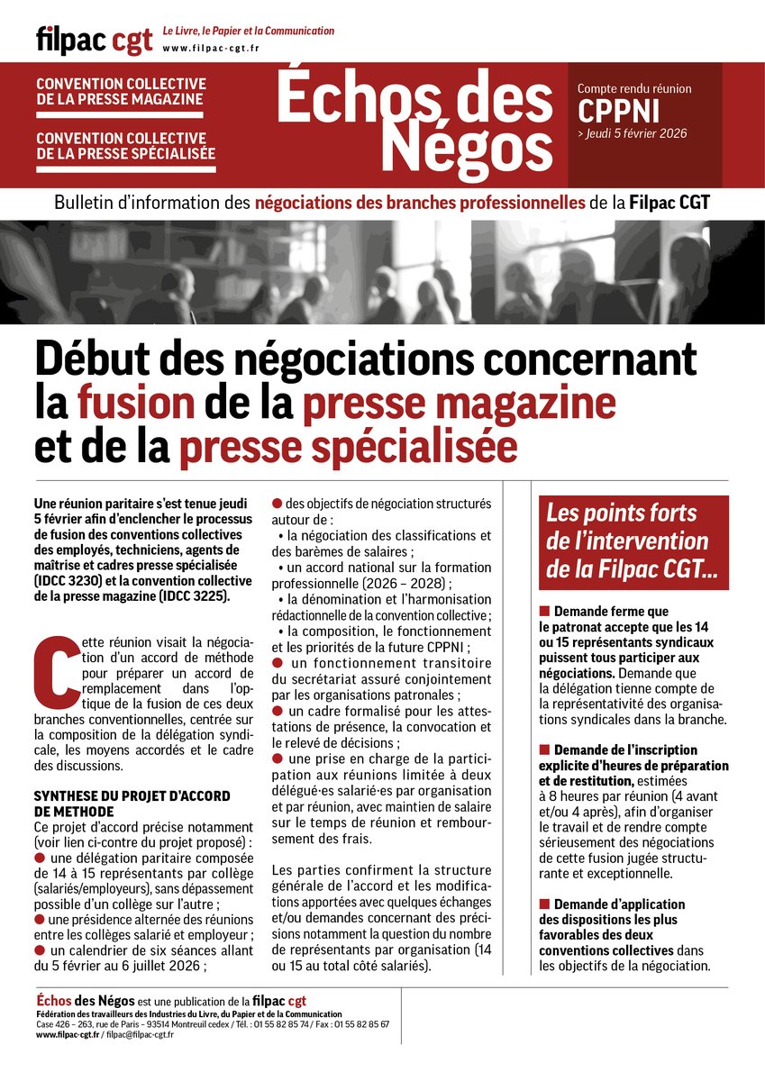FilpacCGT's tweet photo. Début des négociations concernant la fusion de la presse magazine et de la presse spécialisée 🗞️
📝 CPPNI • 5 février 2026

➡️ Compte rendu de la réunion paritaire engageant la fusion des conventions collectives de la presse magazine et de la presse spécialisée.

📱 Lire en ligne, partager, télécharger…
https://t.co/eNM0kQixEg

ℹ️ S’informer
https://t.co/DSFU1JZGxr

🤝 Se syndiquer
https://t.co/OIH9jP5Eov