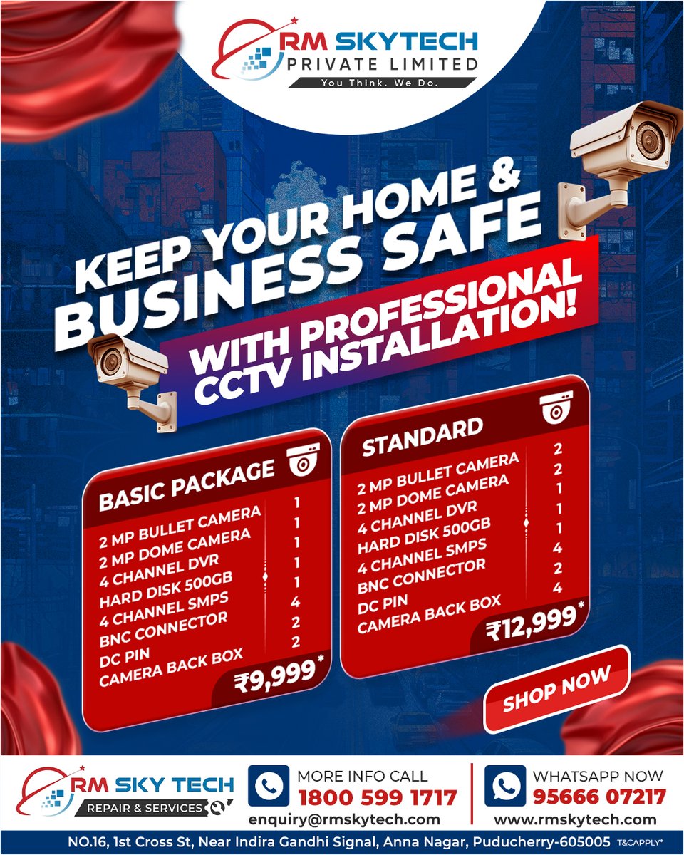 Keep your home and business safe with professional CCTV installation services from RM SkyTech in Puducherry.
#RMSkyTech #CCTVInstallation #PuducherrySecurity #HomeSafety #BusinessSecurity #Pondicherry #SecuritySystems #Surveillance #AnnaNagar #SafeHome #CCTVDeals #TechSolutions