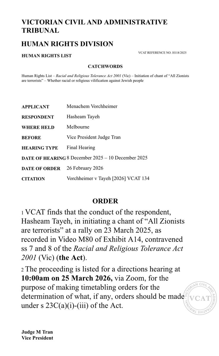 I welcome the decision of Her Honour Vice President Judge Tran that Mr Tayeh’s initiating a chant “All Zionists are terrorists” incited hatred against Jewish people on the ground of race and religious belief

This case affirms that freedom of speech in Australia is not absolute